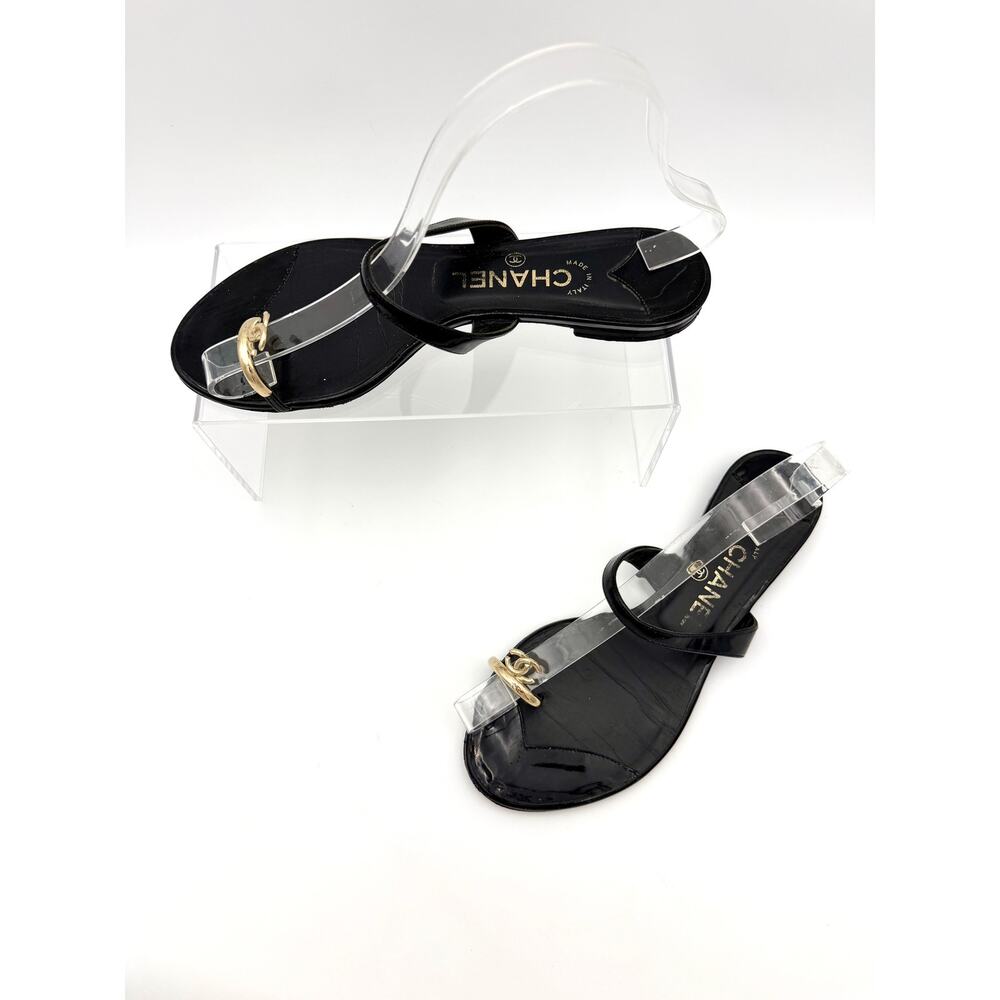 Chanel Toe Ring Sandal Black Leather Gold Interlocking CC Logo Size 39.5 / 9.5 - Picture 2 of 15